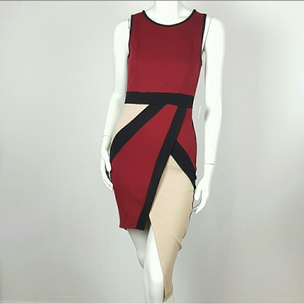 ‎BODYCON MIDI DRESS MULTICOLOR BURGANDY-BLACK- CREAM ASIMETRICAL